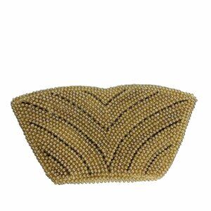 La Regale 70s Beaded Clutch Sandy Champagne Faux Pearls Makeup Bag Purse Event